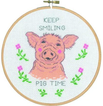 Permin Broderikit Keep smiling pig time Ø18